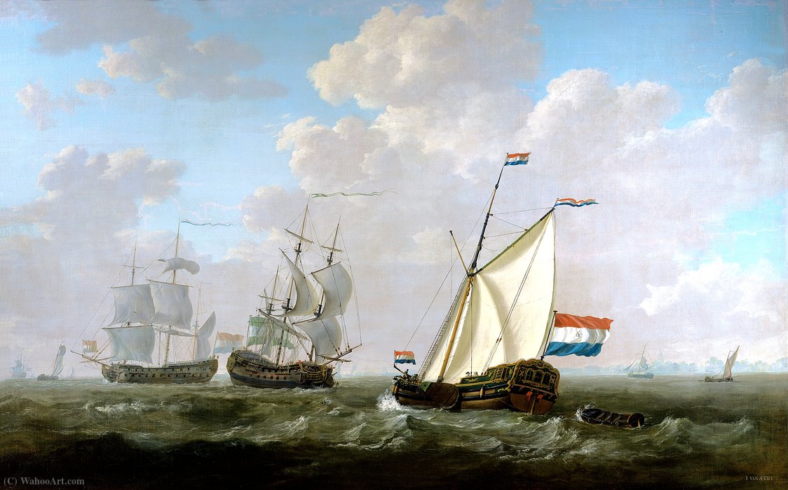 Die Yacht der Kammer für Rotterdam für die Niederländische  Ostindien-Kompanie grüßt einen Ost Indiaman und einem niederländischen  Mann-von-Krieg auf der Reede von Hellevoetsluis. von Jacob Van Strij  Dordrecht (1756-1815, Netherlands) | Kunstreproduktionen